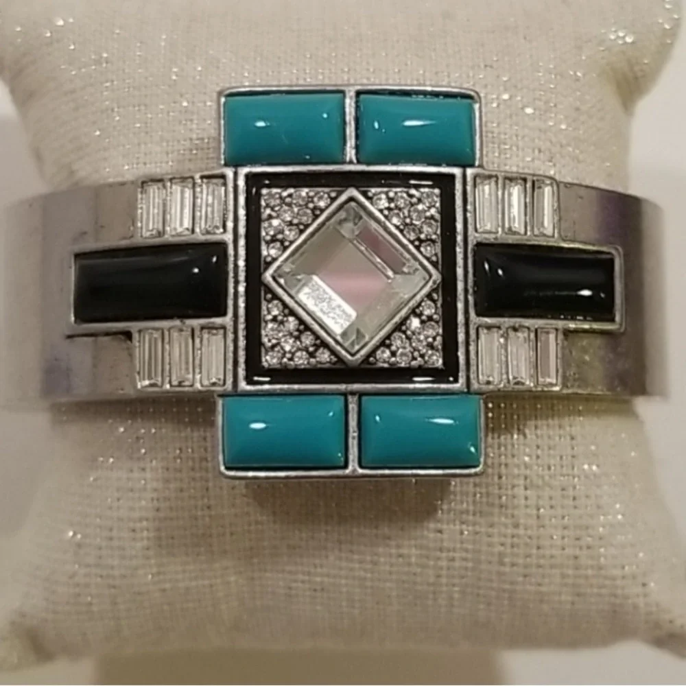 Art Deco Silver Bracelet NYE Party Statement Turquoise Red Carpet Retro NEW